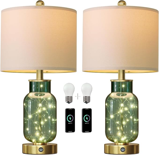 22" Glass Table Lamps Set of 2, Green Modern Bedside Lamp with LED Night Light for Living Room, Nightstand Lamp with USB Ports for Bedrooms, Study Room, End Table(2 Bulbs Included)