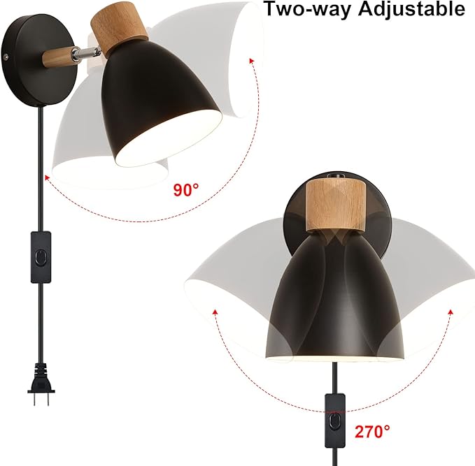 Wall Sconces Plug in, Swing Arm Wall Lamp with Power Cord, Black Plug in Wall Lighting Fixtures Set of Two, Bedside Wall Mounted Reading Lamp with Switch, for Bedside Bedroom Hallway
