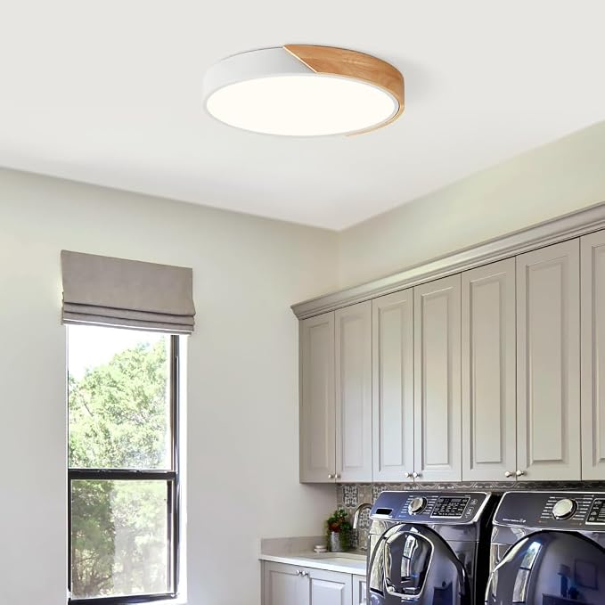 Modern Dimmable Wood Ceiling Light, White Flush Mount Ceiling Light Fixture, 5CCT Minimalist Round Ceiling Lamp for Bedroom Hallway Entryway Laundry Room Dining Room, 15.74"