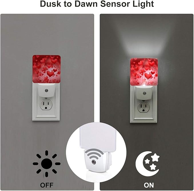 Valentine's Day Heart Night Light Set of 2 Auto Sensor LED Dusk-to-Dawn Nightlights Plug-in Sensor Lamp for Bedroom Bathroom Kitchen Hallway Stairs Decorative