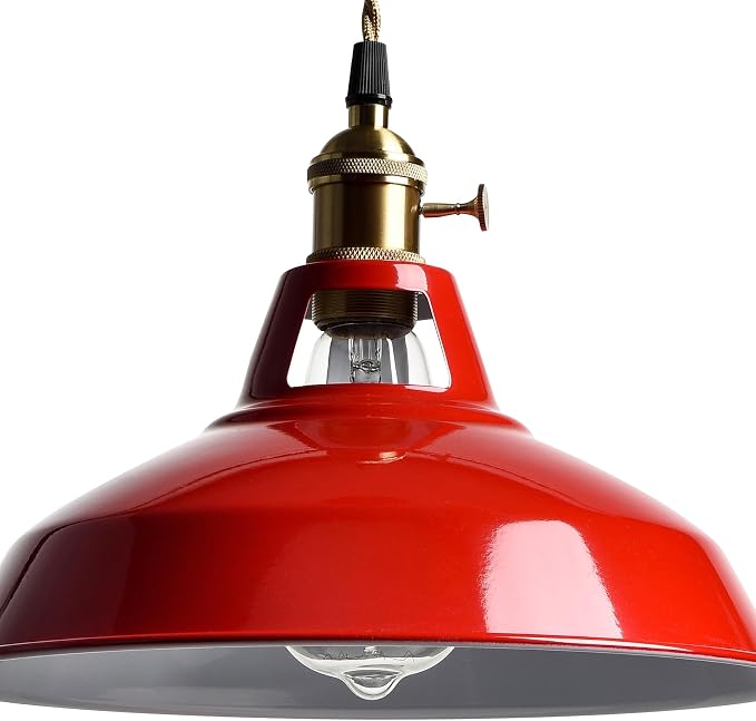 YUBOLE Plug-in Pendant Light Vintage Red Barn Shade-10.06" W with Switch | Flexible Hanging Light, Adjutable 216.5"L Cord with On-Off Switch Swag Lamp for Kitchen Bar Dining Foyer Cafe Bedroom