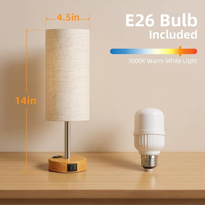 2-Pack Table Lamps, High-Sensitivity Touch, 3-Level Dimmable Bedside Lamp with AC Outlet | USB | and USB-C, Ideal Nightstand Lamps for Bedroom, Reading (2PCS, Warm&Wooden)