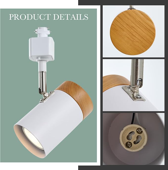 H Type 6 Track Lighting Heads, Natural Solid Wood and Matte White Lampshade Spotlights, Brushed Nickel Swivel Item Kit