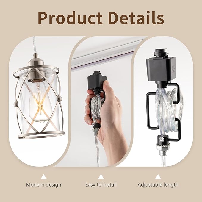 mirrea H-Type Brushed Nickel Track Lighting Pendant with Dotted Cage Clear Glass, Adjustable Hanging Light, E26 Socket, Pack of 3