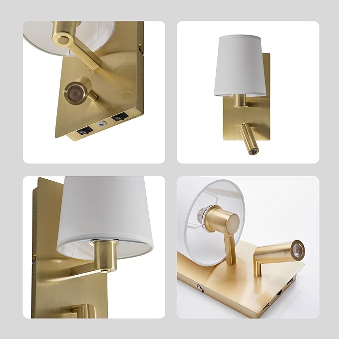 12.1" Wall Sconce with Shade & Reading Light, White Fabric Wall Lamp for Bedroom, Gold Bedside Wall Light with LED Reading Light 3000K 205 lm, Dual Switch, E12 Max 10W Bulb Not Included
