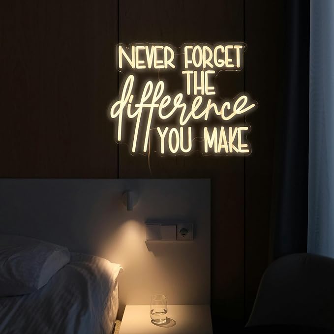 Never Forget The Difference You Make Neon Sign Cool Dimmable Led Letters Light Up Sign USB Powered Warm White Neon Light for Bedroom Study Room Bar Shop Man Cave(16.5 * 12.6In)