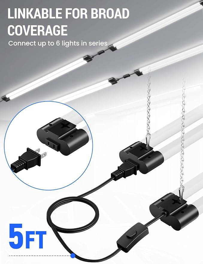 (4 Pack) LED Shop Light 4FT, 4500LM, 45W (150W Equivalent), 6500K Bright White Linkable Integrated Ceiling Light Fixture, Hanging or Flush Mount Garage Lighting, Corded Electric with ON/OFF Switch