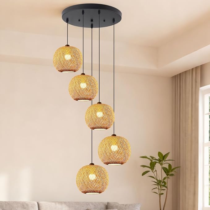 5-Light Staircase Bamboo Light Fixture Basket Weave Pendant Light Shade Boho Large Rattan Chandelier Coastal Wicker Pendant Hanging Lights for Foyer Living Room Farmhouse