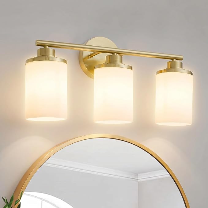 Brushed Gold Bathroom Light Fixtures, 3-Light Gold Vanity Lights with Frosted Glass Shades, Mid-Century Modern Wall Sconces for Living Room