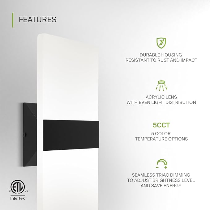 ASD 14 Inch Indoor LED Wall Sconce - 24W 2700K-5000K Dimmable Black Wall Sconce Lights for Living Room, Bedroom, Bathroom, Hallway - Modern Wall Sconces Hardwired, ETL Interior Light