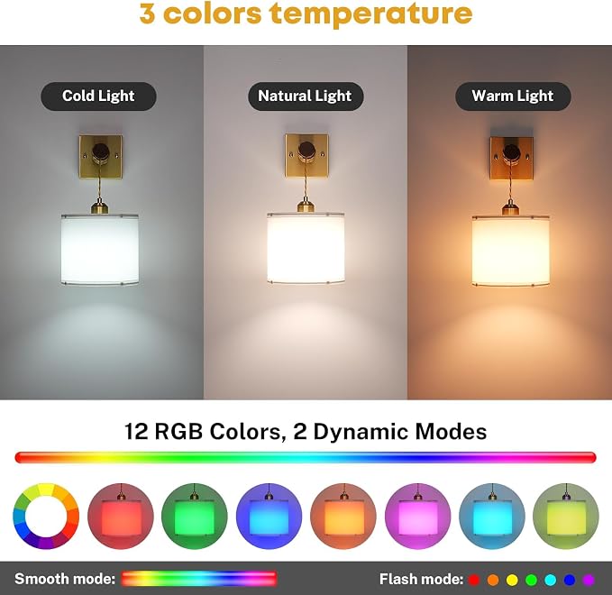 Rechargeable Battery Operated Wall Sconce Set of Two, 8000mAh Wireless Wall Sconces with RGB 15 Colors & Remote Control, Dimmable Wall Lamps for Living Room Bedroom, Gold