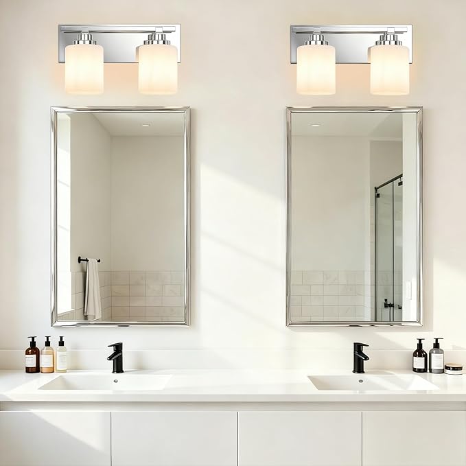 Modern Bathroom Lighting Fixtures Over Mirror, Vanity Lights for Bathroom, Wall Sconces with Milky White Glass Shades, E26 Ceramic Socket, 2-Light 14-inch Chrome