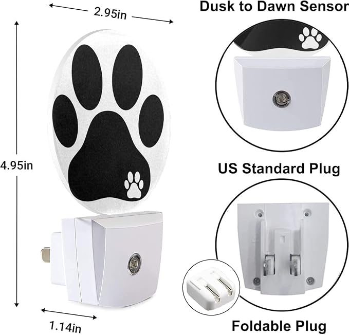 Dog Paw Night Light Black White Animal Footprint Dog Cat Paw Night Lights Plug into Wall 0.5W LED Lighting Auto on/Off for Bedroom Bathroom Hallway Stairway Kitchen