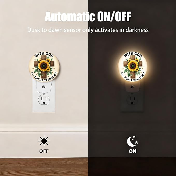 Mugod Sunflower and Cross Plug-in Nightlights All Things are Possible Inspirational Quote Night Light Plug into Wall with Dusk-to-Dawn Sensor LED Lighting 0.5W Sleep-Friendly