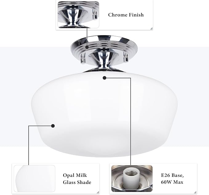 Schoolhouse Style Semi Flush Mount Ceiling Light Fixture, 12" Modern Chrome Hallway Ceiling Lamp with Opal Milk Glass Shade, Farmhouse Globe Light for Bedroom Kitchen Hallway Entryway Laundry
