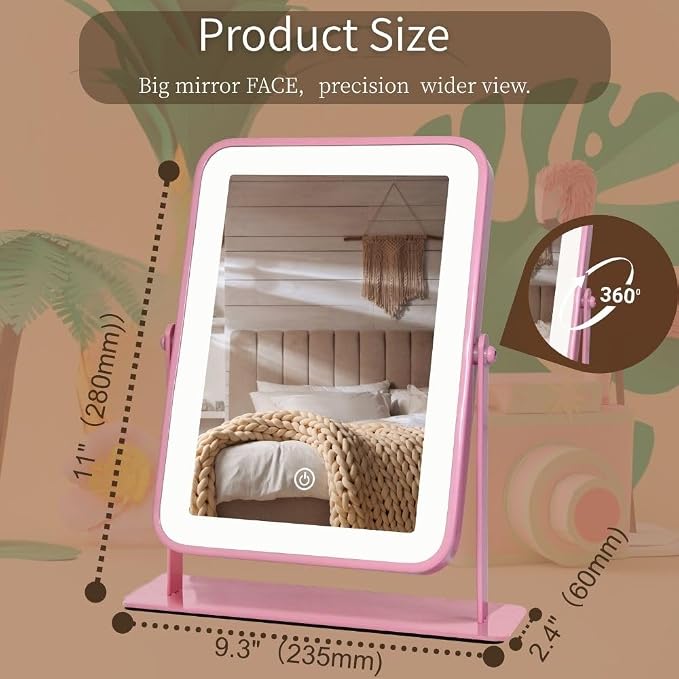 Pink LED Makeup Mirror with Lights – Rechargeable Wireless Vanity Mirror for Desk – Adjustable Brightness, 3 Color Lights Option – Ideal Gift for Women, Teens, Moms
