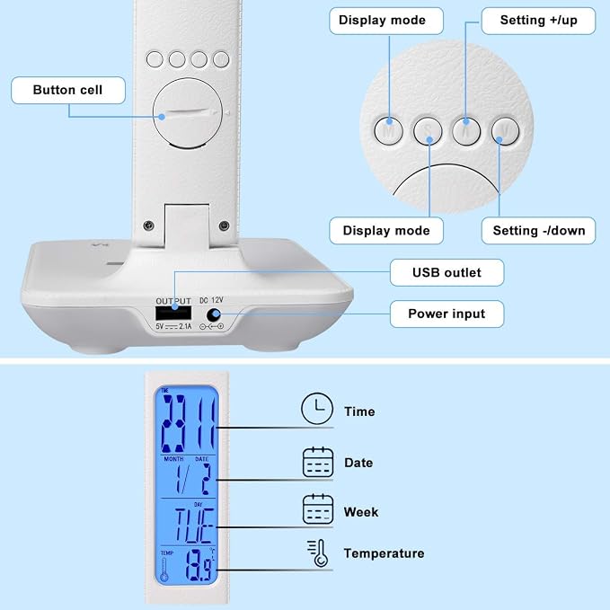 LED Desk Lamp with Wireless Charger, Suitable for Home, Office Dimmable, with USB Charging Port, Built-in Clock, Calendar, Thermometer and Automatic Timing Reading Desk Lamp.