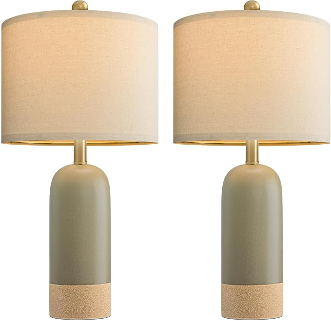 PoKat 24'' Hand-Textured Green Table Lamps, Farmhouse Bedside Lamp Set of 2 | Ceramic Lamps for Living Room, Two-Tones Design, Boho Nightstands Lamps for Bedroom, Home Decor for Side End Table, Hallway