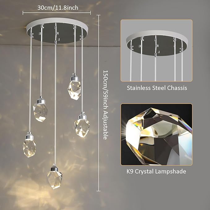 Modern Crystal Pendant Light, 3-Color LED Silver Ceiling Hanging Lamp, for Kitchen Island Bedroom Living Room Dining Room Lighting (5-Head Round Base)