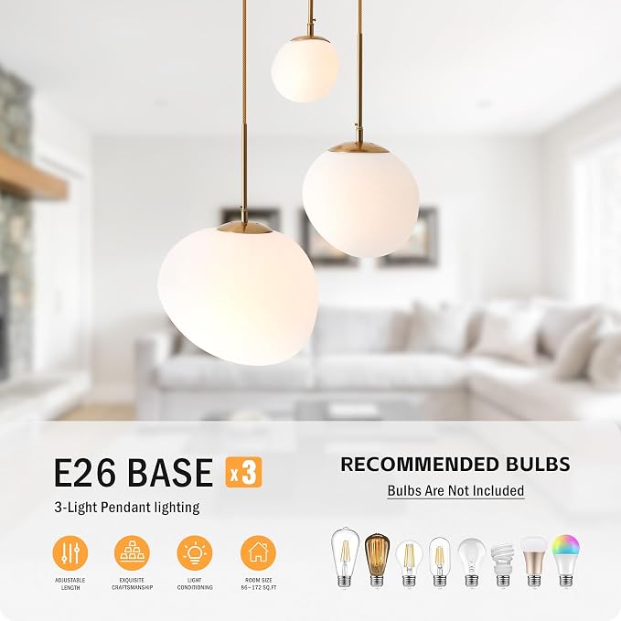 EFPefect 3 Lights Pendant Light for Kitchen Island Modern Globe Cluster Chandelier Ceiling Light Fixture for Dining Living Room Bedroom