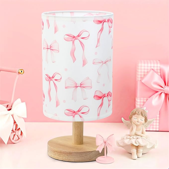 Bow Kids Table Lamp for Bedroom Kids Bedside Lamp with Linen Wooden Nightstand Cartoon Nursery Lampshade for Girls Room Pink Bow Decor