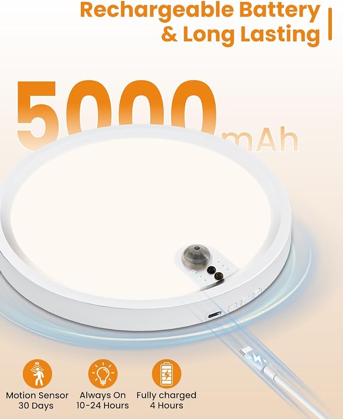 Wireless Motion Sensor Ceiling Light, 7-Inch Rechargeable, 2-Pack | Three Color Temperatures, Stepless Dimming, No Wiring, Rechargeable Battery, Ideal For Closet, Hallway And Bedroom