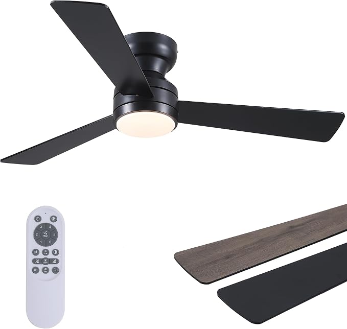 46"Black Modern Low Profile Ceiling Fans with LED Lights and Remote Control | Reversible 6 Wind Speeds, Dimmable 3 CCT LED Light, 25W Quiet DC Motor,2H Timer,3 Double-Sided Blades,for Bedroom Kitchen