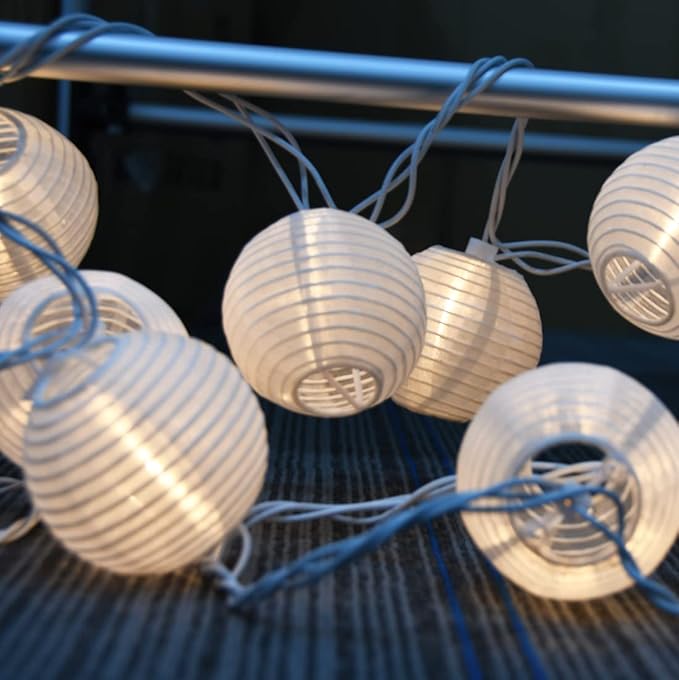 Abeja White Nylon Lantern String Lights, 8.5Ft Outdoor White Lantern String Lights with 10 Mili Lights, Halloween Yard Decorations for Patio Bedroom Wedding Party Decoration