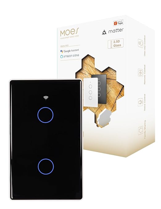 MOES Matter Smart Light Switch, 2.5D Glass Touch, Alexa & Google, 2 Gang | Premium 2.5D Glass Panel, Matter WiFi, Apple Home, Alexa Google SmartThings, Touch Control, Timer Schedule, Neutral Wire 10A
