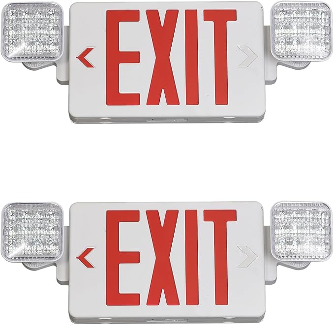 Red LED Exit Sign with Emergency Lights, Battery Backup, UL Listed | 2 Adjustable Heads, Commercial Emergency Exit Sign Combo with Thermoplastic Housing, Hardwired 120V/277V AC, 90-Minute Backup