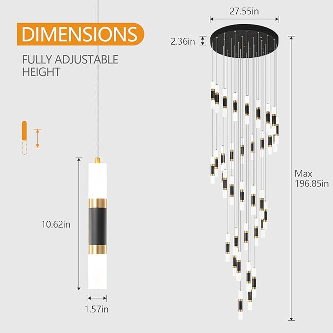 36-Light Modern Chandeliers for Entryway Ceiling Pendant Light Dimmable LED 216W Staircase Large Chandelier Lobby Living Room Foyer High Ceiling Chandelier (Black Gold)