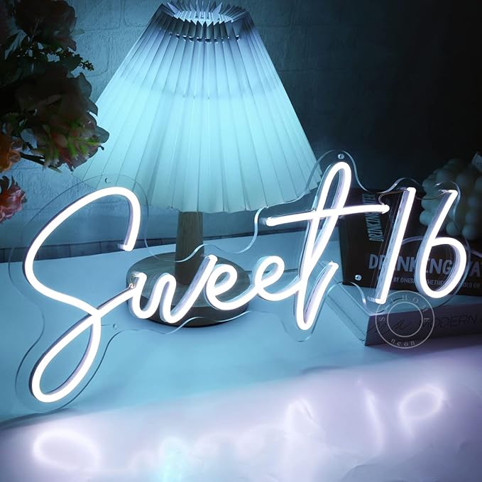 SYLHOME Sweet 16 LED Neon Light Sign 17"X7.3" Sweet Girls Adults Bedroom Happy 16th Birthday Party Wall Decor Beautiful Bestie Sister USB Cold White
