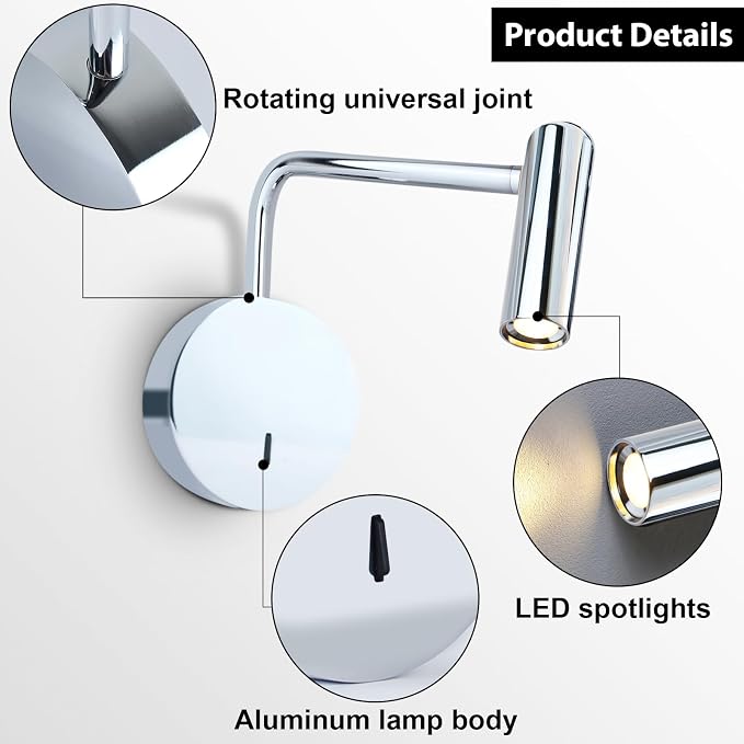 ZEROUNO Wall Mounted Lamp, Hardwired LED Wall Sconce with Switch on/Off Modern 3000K Swing Arm Bedside Indoor Wall Mount Lamp (Chrome)