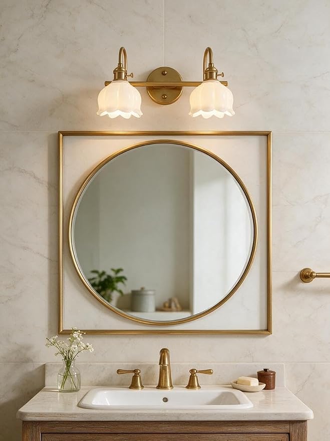 Bathroom Light Fixtures, 3-Light Brass Vanity Wall Light with Amber Tulip Glass Shades, Vintage Wall Sconce Over Mirror for Bathroom, Bedroom, Living Room (Bulbs Not Included) (White, 2-Light)