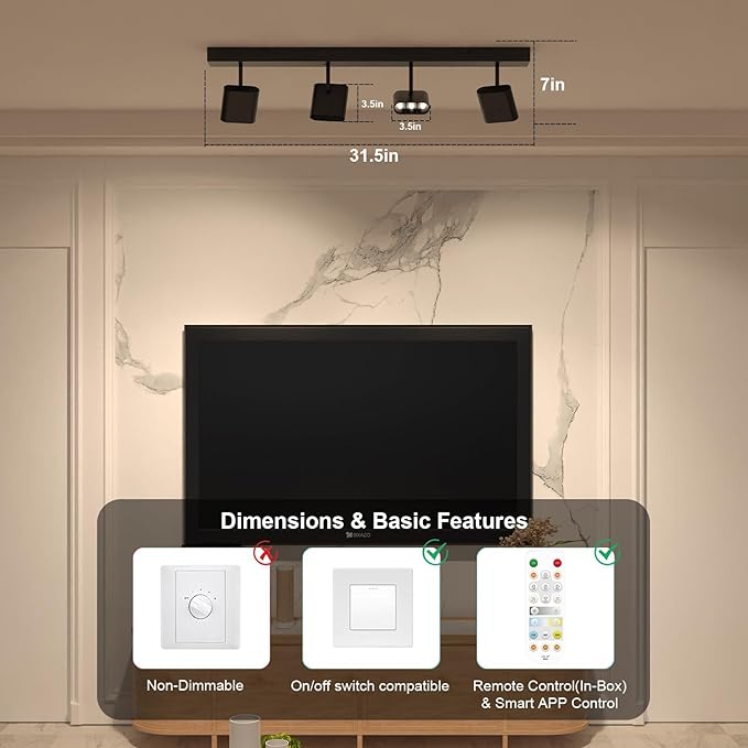 4 Light Heads Track Lighting Kit, Modern LED Track Lighting Fixtures Ceiling, Rotatable Light Heads with CCT 2700K-6000K & Brightness Dimming, Dimmable Ceiling Spot Lights for Living Room with Remote