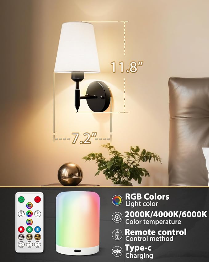 Adetu Battery Operated Wall Sconces Set of 2, Black Rechargeable Wall Lights