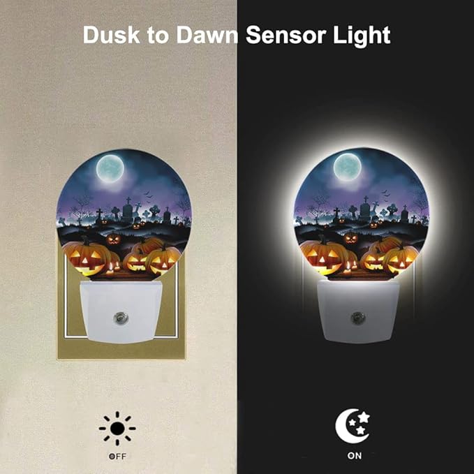 EKOBLA Halloween Pumpkins Night Light Scary Night Moon Ghost Horror Plug-in Nightlights Auto Sensor Energy Efficient Dusk to Dawn LED Home Decor