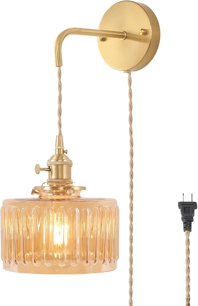 Shenmoyl Vintage Wall Sconce Wall Lamp with Amber Striped Glass Shade Hanging Wall Sconce with 4.9FT Plug in Cord, Modern Wall Lamp Fixtures Decor for Bedside Bedroom Indoor Doorway