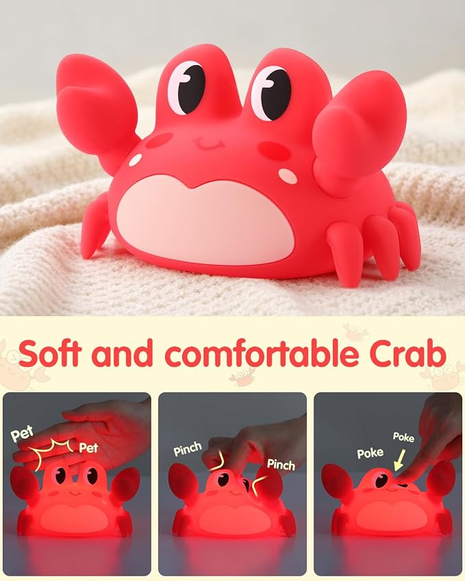 YISUN Crab Night Light for Kids, Silicone LED Dimmable Nursery Nightlight | Rechargeable Bedside Touch Light, Novelty Animal Lamp for Boys Girls Toddlers