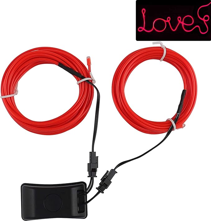 JIGUOOR USB Rechargeable EL Wire 32.8ft/10m (5mx2) Bright Neon Light Strip 360° Illumination Neon Tube Rope Lights for DIY, Festival, Party Decoration, Halloween, Chrismas (32.8ft/10M, Red)