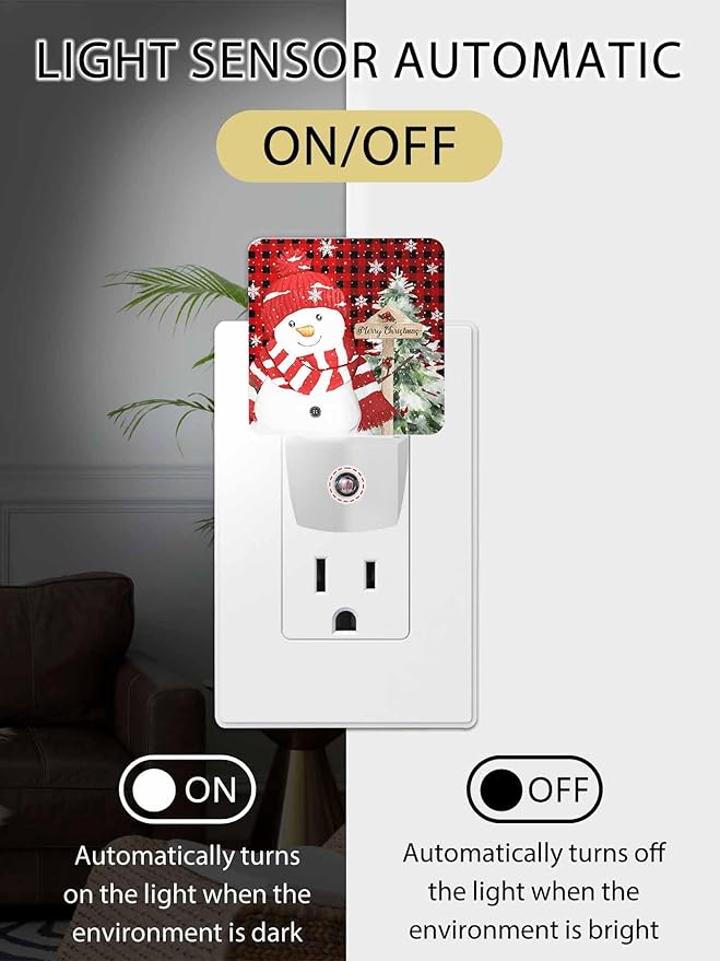 Christmas Night Lights Plug into Wall LED Night Light Snowman Snowflakes Winter Christmas Tree Plaid Automatic Dimmable Dusk-to-Dawn Square Shaped Smart Nightlight for Bathroom/Bedroom
