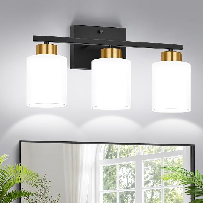 Black and Gold Bathroom Vanity Light Fixtures, 3-Light Modern Bathroom Wall Light with Frosted White Glass Shades, Vanity Light Over Mirror, E26 Base, Bathroom Lighting for Mirror (Bulbs Not Included)
