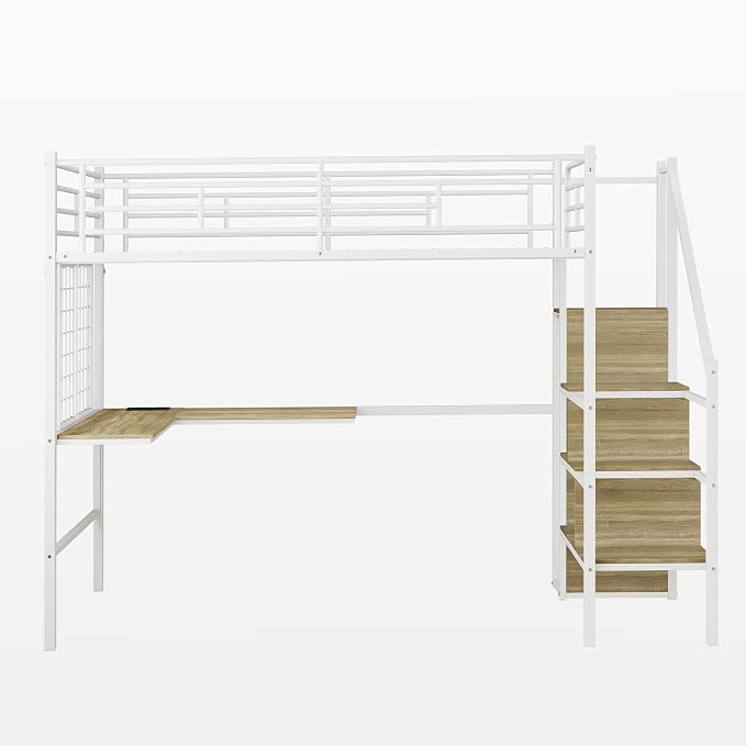 Twin Size Metal Loft Bed with Reversible Stairs & L-Shaped Desk,White | Storage Stairs,Wardrobe,L-Shaped Desk,USB Charging Station,Space-Saving for boys & Girls, Noise-Free, No Box Spring Needed