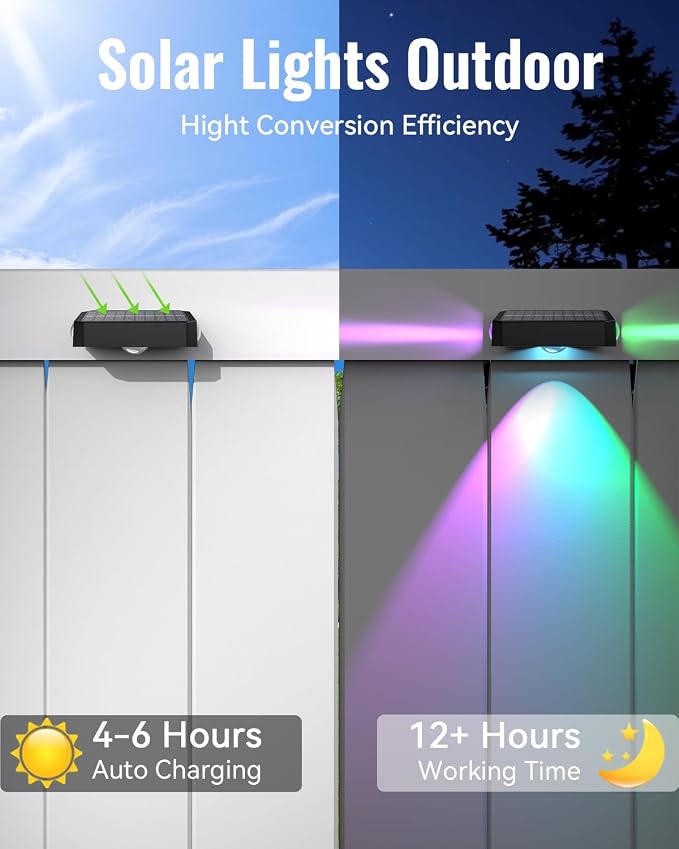 Solar Fence Lights Outdoor 6 Pack, Deck Lights with 12 Mode RGB Color Changing, Warm/Cool White, IP65 Waterproof Dusk to Dawn Solar Light for Fence, Wall, Patio, Step, Backyard, Outside