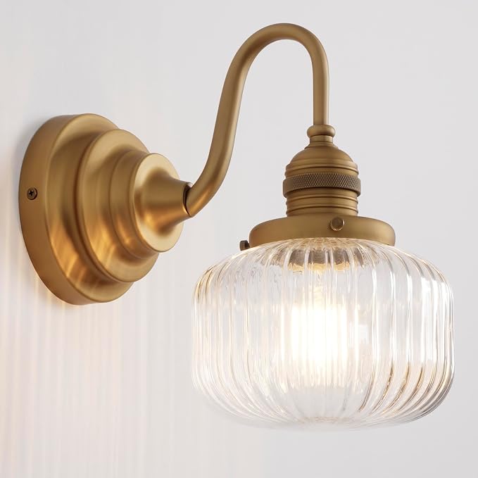 Brass Gold Wall Sconce Vintage Bathroom Vanity Light | Bathroom Sconce,Hardwired Indoor,Aged Brass Finish,Hand-Blown Clear Glass,for Bathroom Mirror Kitchen,E26 Socket