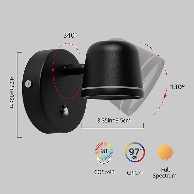 Aisilan Wall Sconce, Hardwired Touch Dimmable Wall Light with 3 Color Temperatures, Adjustable 7W LED Wall Lamp CRI97, Modern Black Aluminum Sconce for Bedroom Bedside Hallway