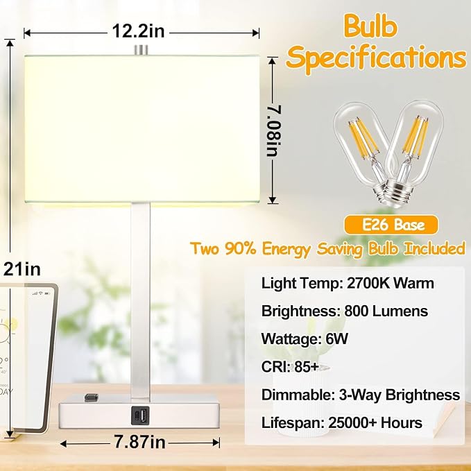 21" Touch Bedside lamps with 2 USB & AC Outlets, 3-Way Dimmable Bedside Table Lamps Set of 2 for Bedroom Living Room Office Reading, White Shade Lamps for Night Stands, 3000K LED Bulbs Included