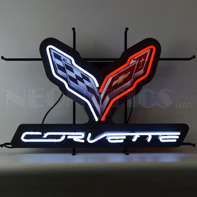 Corvette C7 Neon Sign with Backing, Stingray 2014-Present, Red and White Hand Blown Real Glass Tubes, Measures 30 in Wide by 20 in Tall by 4 in deep – 5C7COR