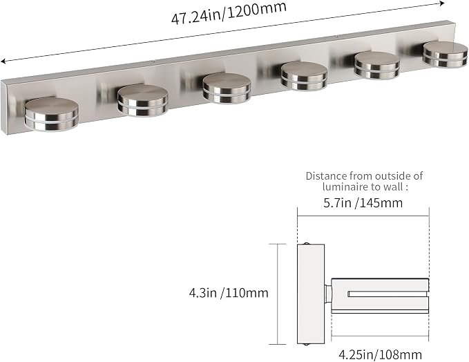 LED Modern Bathroom Vanity Light Fixtures 6-Light 47.24in 36W | LED Dimmable Bath Lights, Modern Wall Mounted Lighting Fixture with Rotating Lamp Head, Acrylic Metal, 5CCT Dimmable