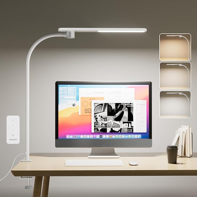 Honeywell HJ2 Gooseneck LED Desk Lamp with Clamp, CRI≥97 Full Spectrum Eye-Caring Light, 16" Flexible Metal Arm, 3-Color Dimming with Magnetic Remote for Home Office, Artists, Reading(White)